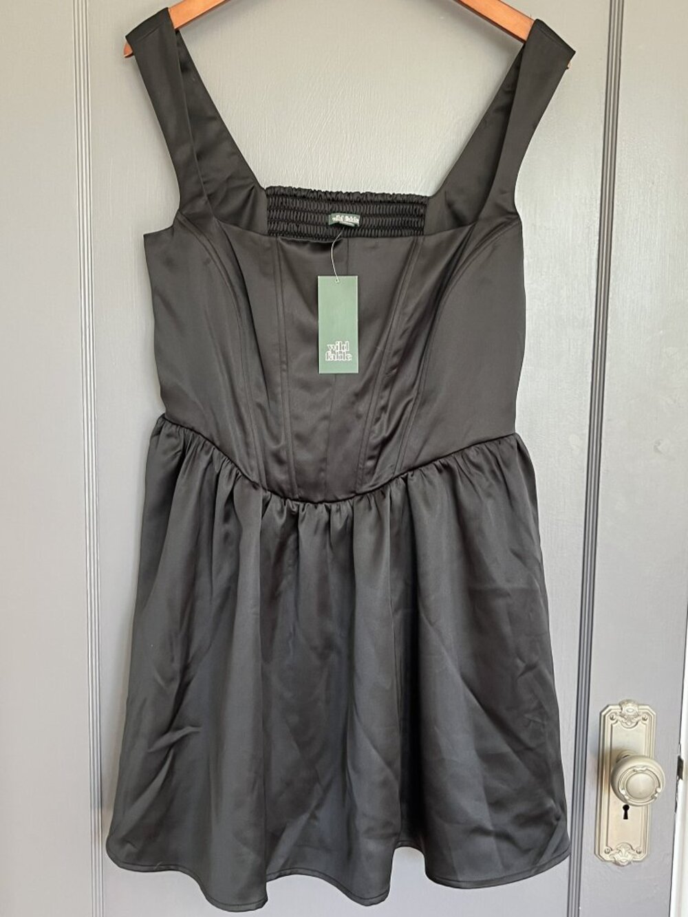 NWT Wild Fable Black Satin Mini Skater Dress Size XL Corset-Like Bodice Party